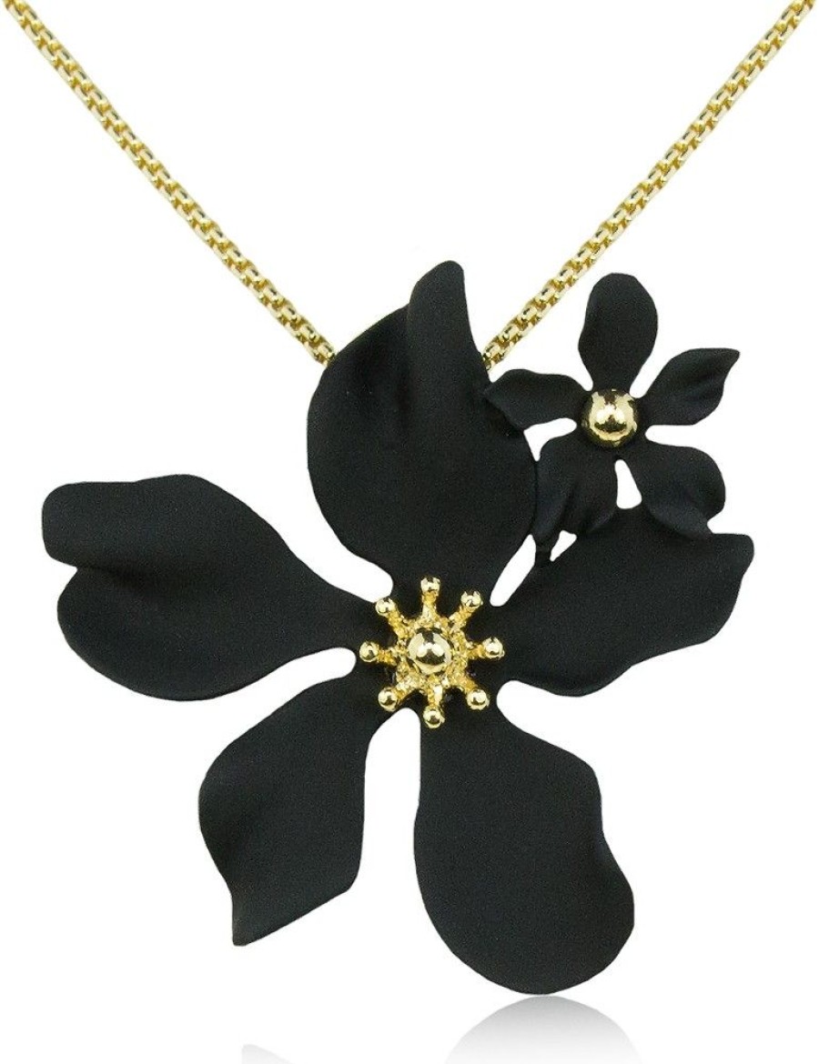 Schmuck LUISIA® Halsketten | Luisia® Halskette Nelia Mit Blumen - 16 Karat Vergoldet Schwarz