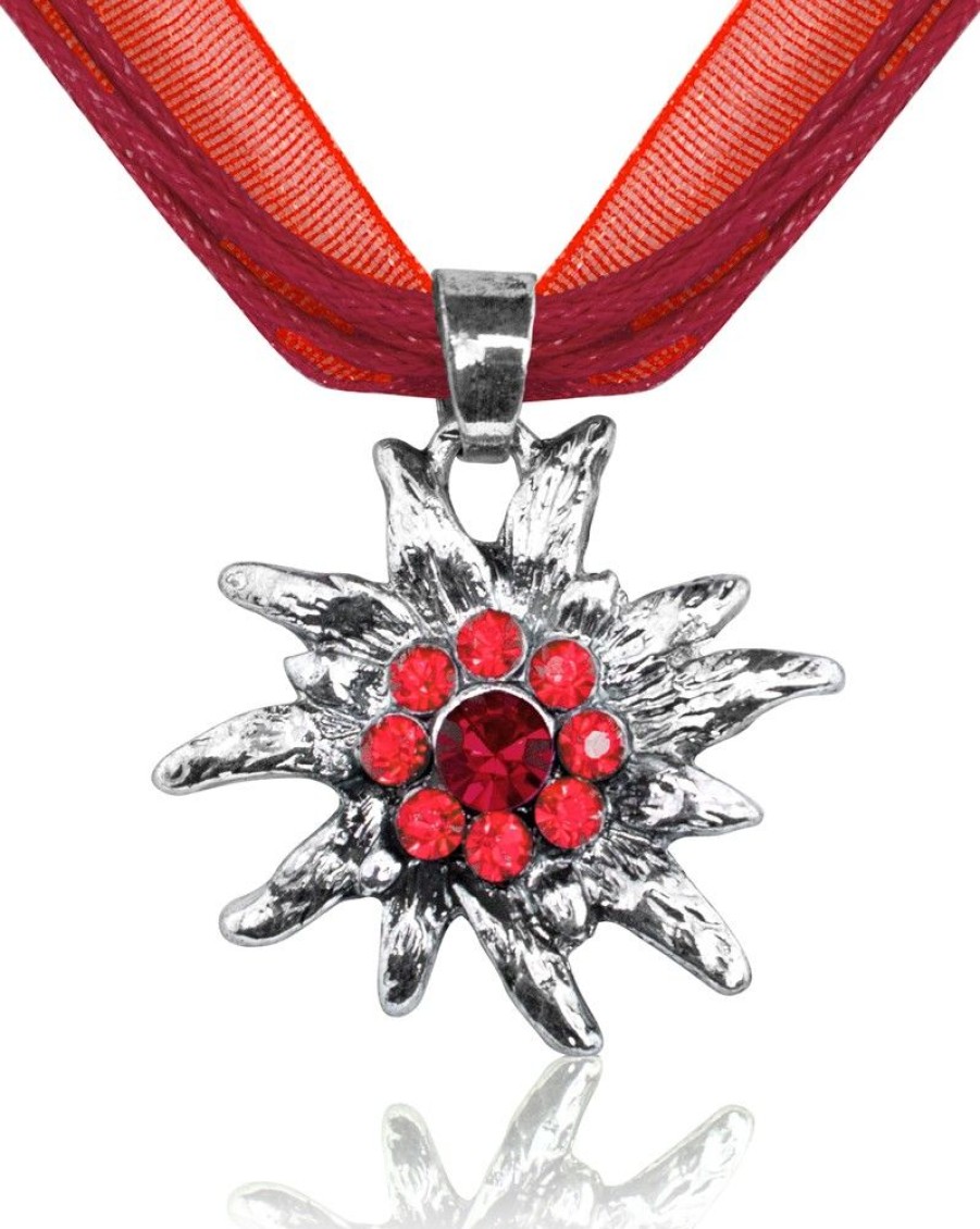 Schmuck Trachtenland | Trachten Halskette "Miri" Mit Edelweis Strass Anhanger | Rot