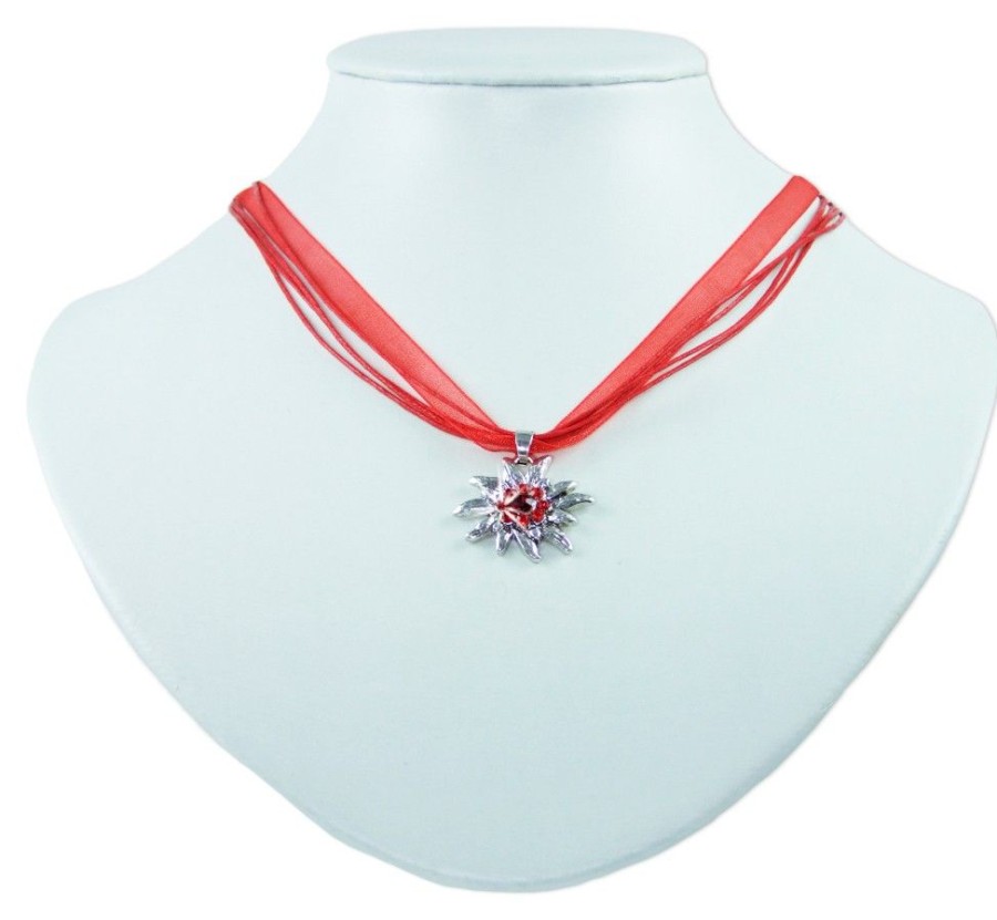 Schmuck Trachtenland | Trachten Halskette "Miri" Mit Edelweis Strass Anhanger | Rot