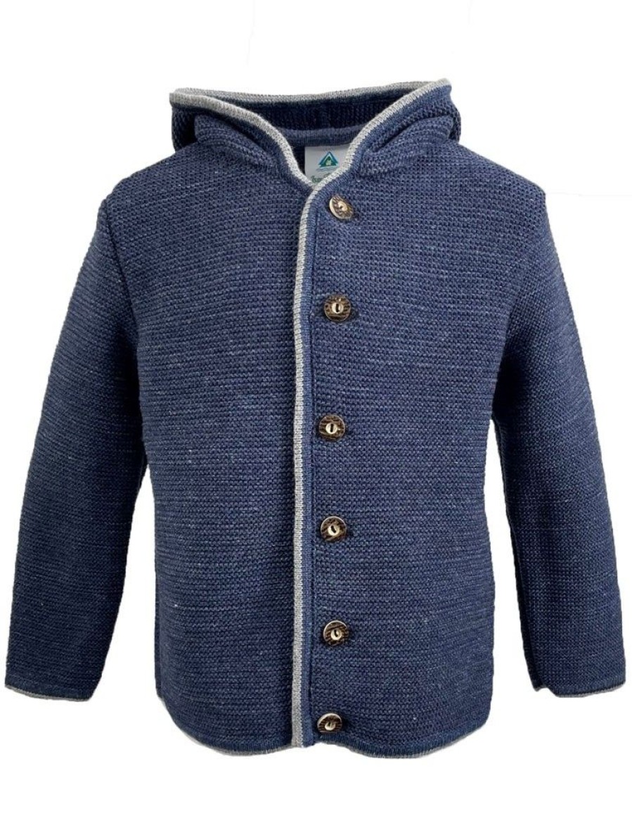 Jungen Isar-Trachten Jacken | Isar-Trachten Kinder Janker Mit Kapuze 47083 | Strickjacke Jeansblau