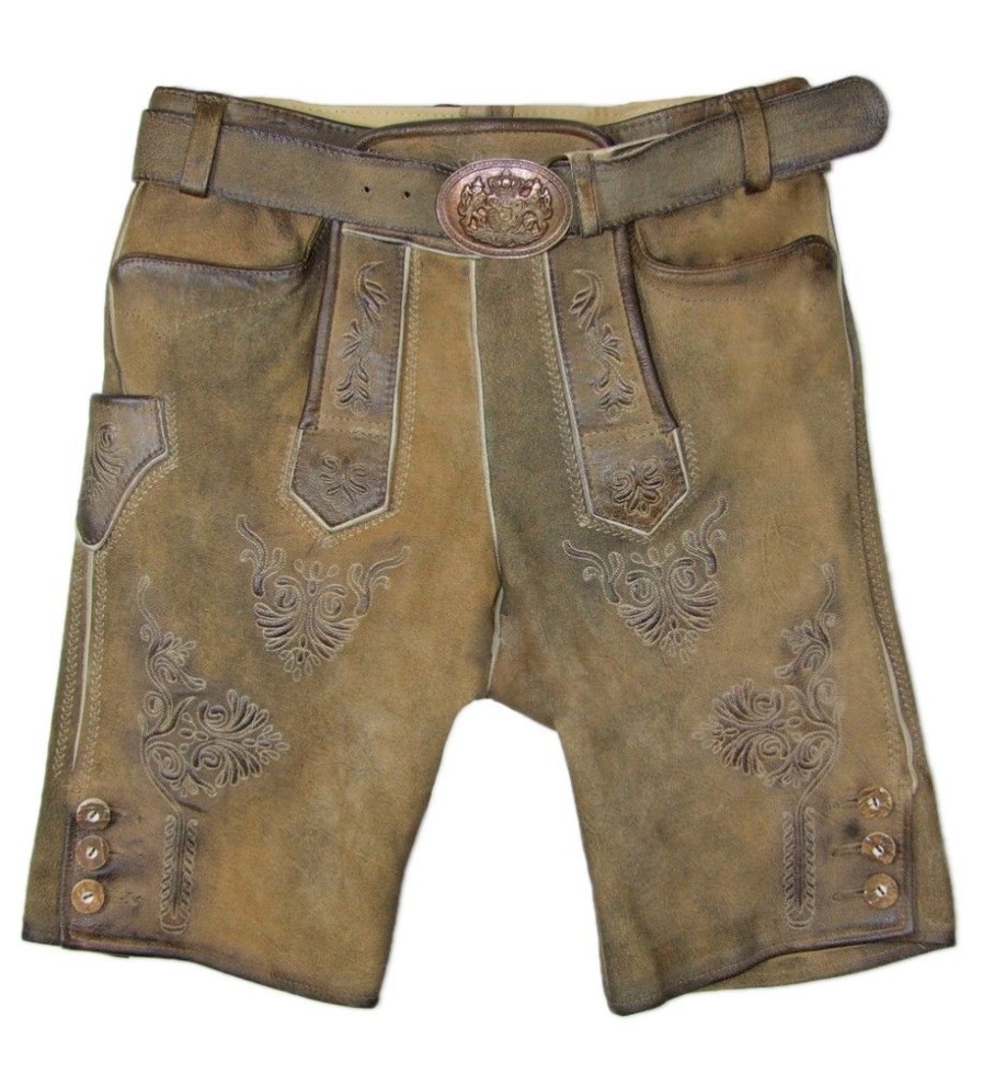 Herren Maddox Lederhosen | Maddox Kurze Lederhose "Ammersee" Mit Gurtel | Antik Sand