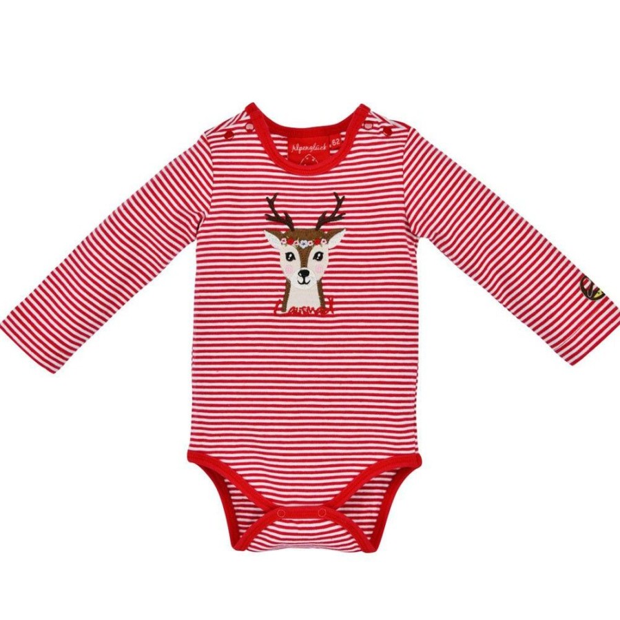 Madchen BONDI Baby Bodys | Bondi Langarm Baby Body "Lausmadl" Mit Rehmotiv 86559 - Rot Geringelt | Madchen Wasche Baumwolle