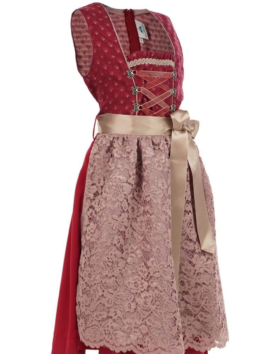 Madchen Isar-Trachten Dirndl | Isar-Trachten Jugend Dirndl "Vanessa" Spitzenschurze 64641 | Bordeaux Altrosa