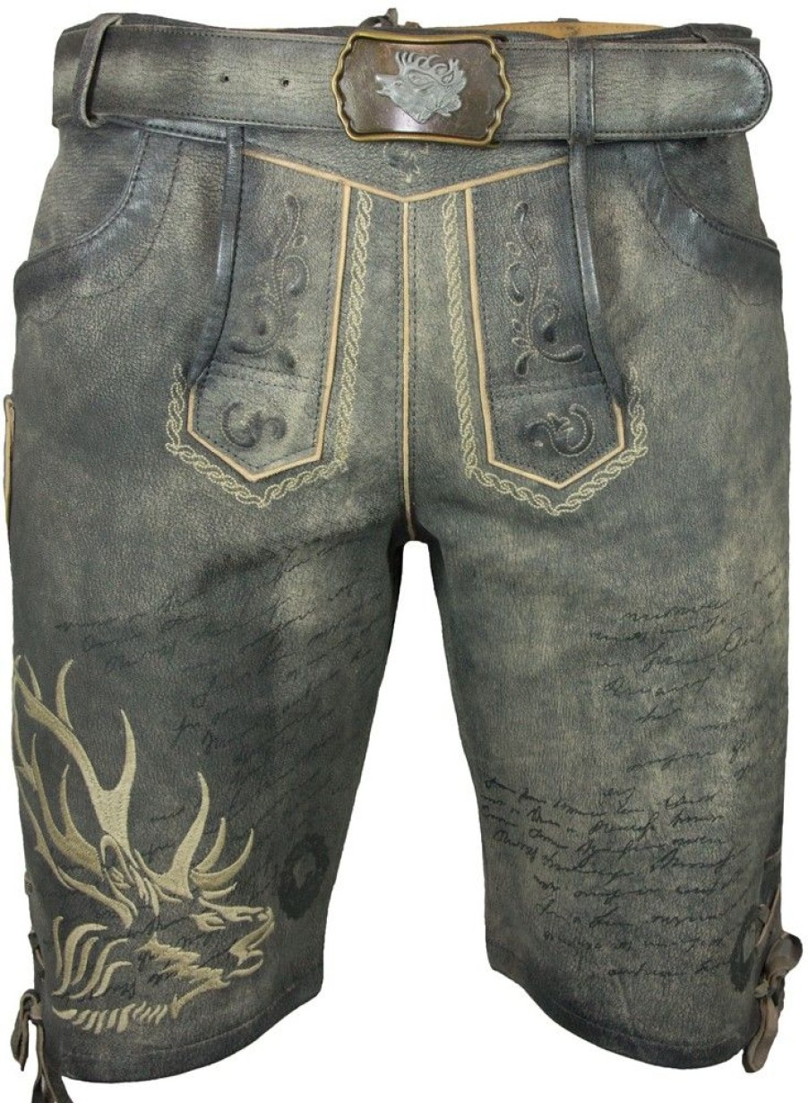 Herren Maddox Lederhosen | Maddox Kurze Herren Lederhose "Wotan" Mit Gurtel | Raspato Stein Grau