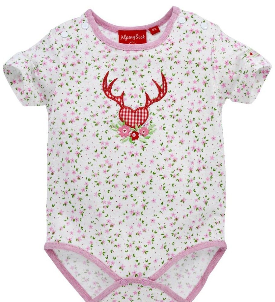 Madchen BONDI Baby Bodys | Bondi Trachten Baby Body "Hirsch" Mit Blumchendruck 86273 - Rosa Weis