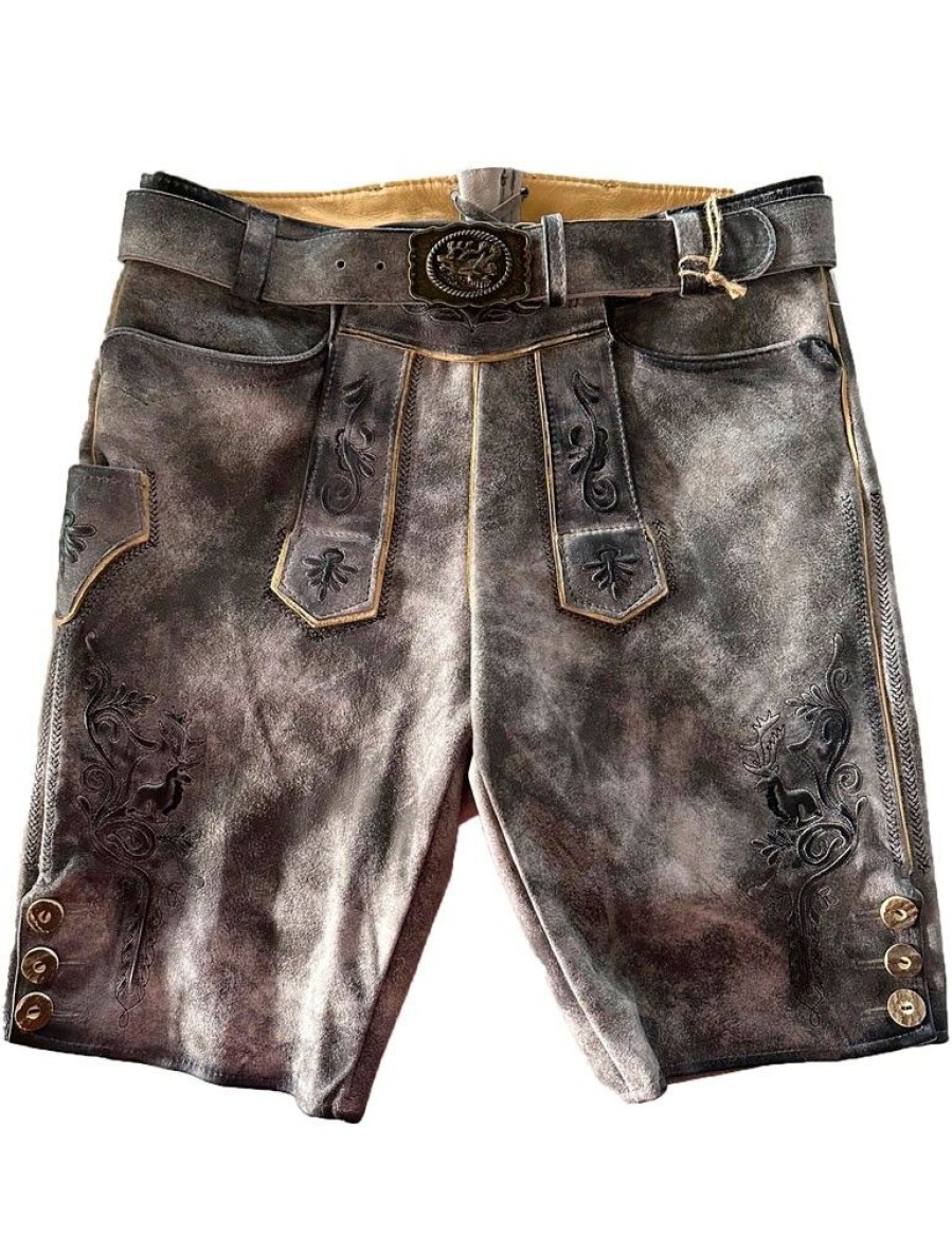 Herren Maddox Lederhosen | Maddox Kurze Herren Lederhose "Mandlach" Mit Gurtel | Stein Grau