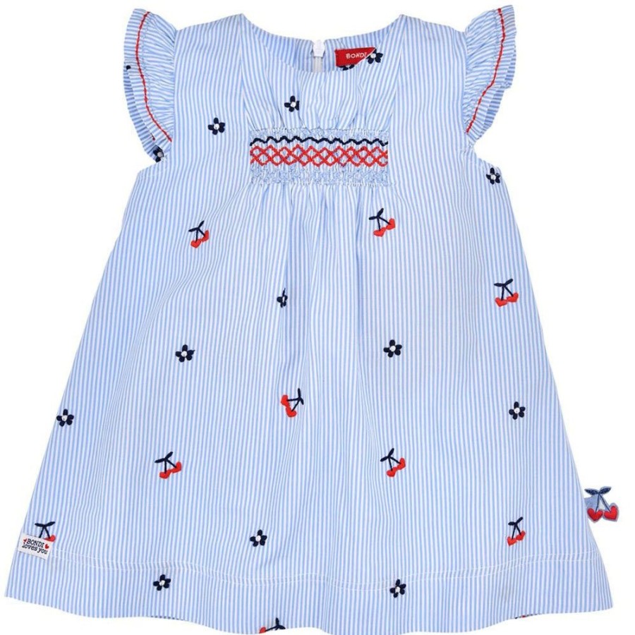 Madchen BONDI Fur´S Baby | Bondi Baby Madchen Kleid "Cherry" 86594 - Blau / Weis | Sommerkleid