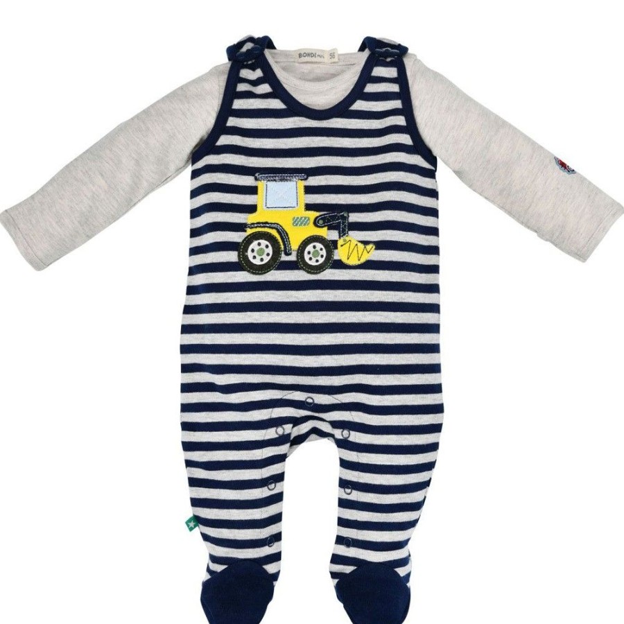 Jungen BONDI Baby Strampler | Bondi Baby Strampler "Bagger" Geringelt 2-Tlg. 93654 | Navy / Natur