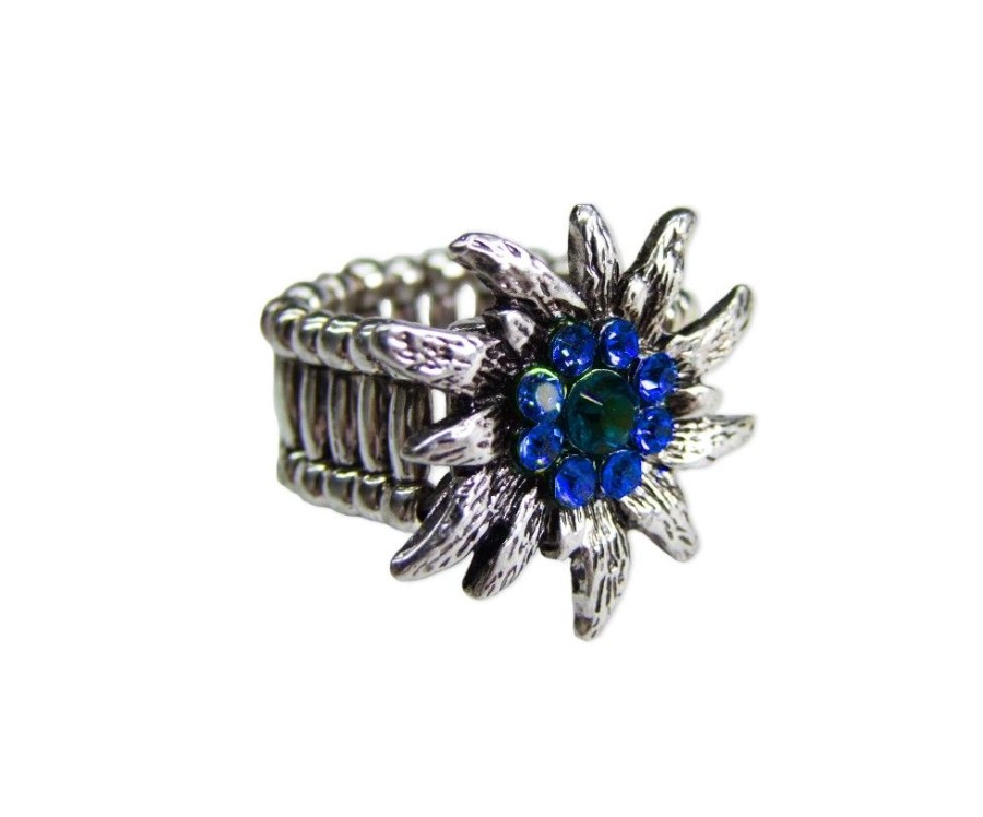 Schmuck Trachtenland | Edelweis Trachtenring Mit Strass - Royalblau