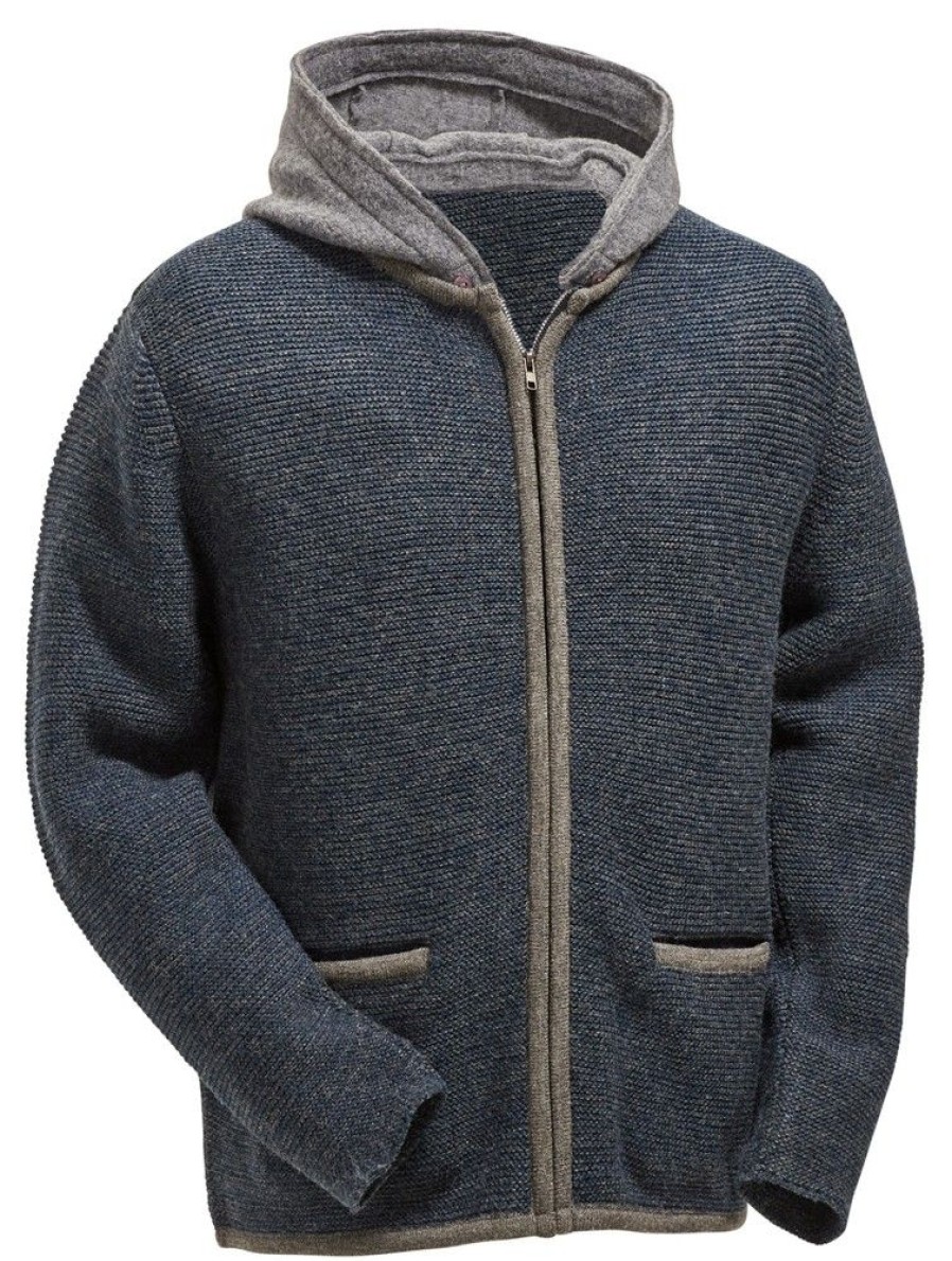 Herren Maddox Janker & Strickjacken | Maddox Herren Trachten Strickjacke Tristan Mit Kapuze - Indigo Blau