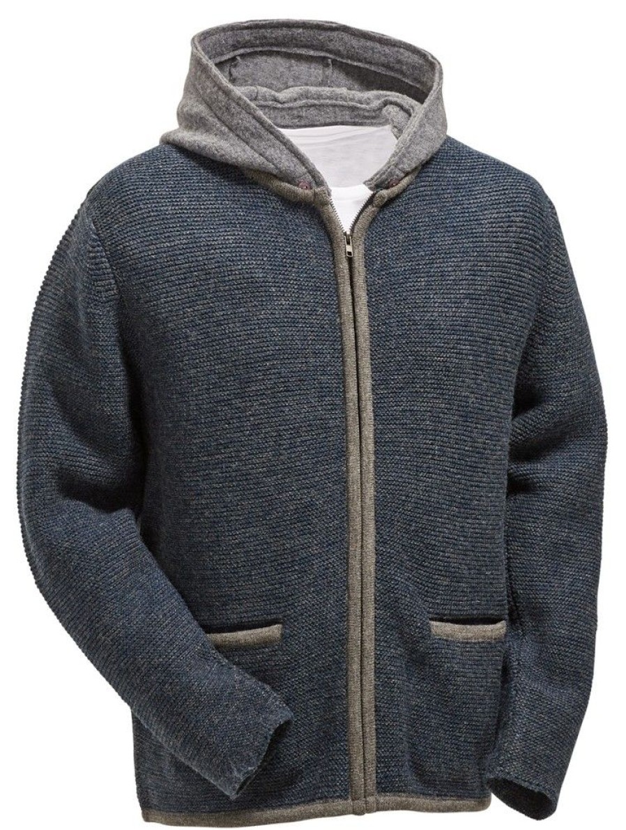 Herren Maddox Janker & Strickjacken | Maddox Herren Trachten Strickjacke Tristan Mit Kapuze - Indigo Blau