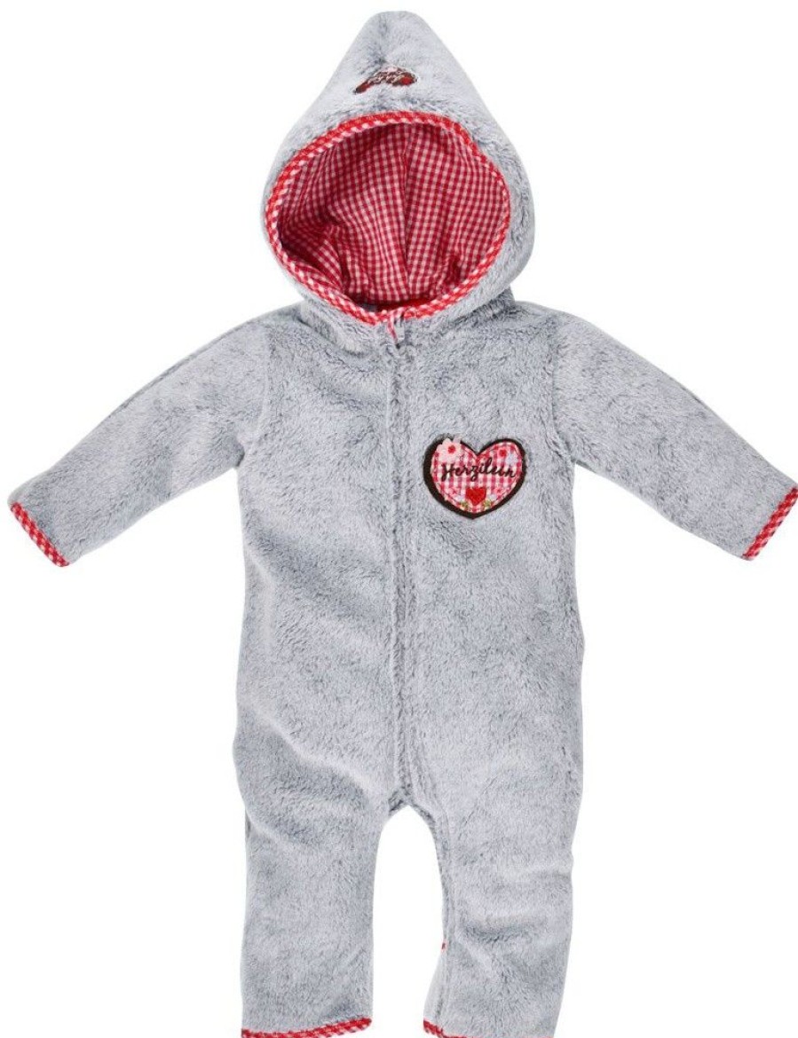 Madchen BONDI Baby Strampler | Bondi Kuscheliger Baby Fleece-Overall "Herzilein" 86566 - Grau Rot | Strampler Wintermode Madchen