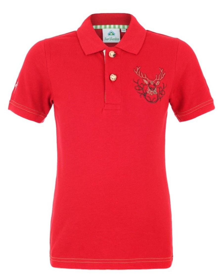 Jungen Isar-Trachten Shirts | Isar-Trachten Kinder Poloshirt "Benjamin" Mit Hirschstickerei | Rot