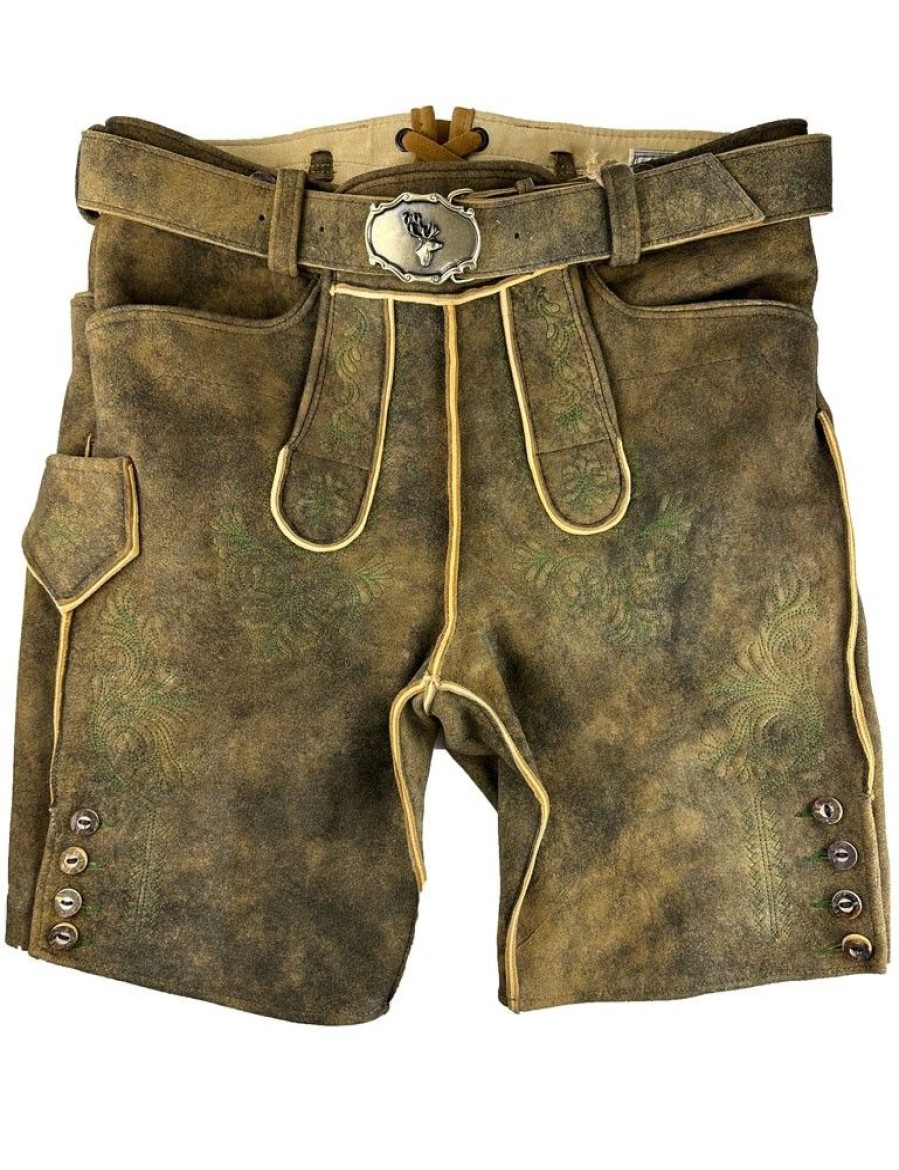 Herren Da´ Buchberger Lederhosen | Buchberger Kurze Lederhose "Karl 1" Mit Gurtel | Hirschleder Torf Gruner Stick