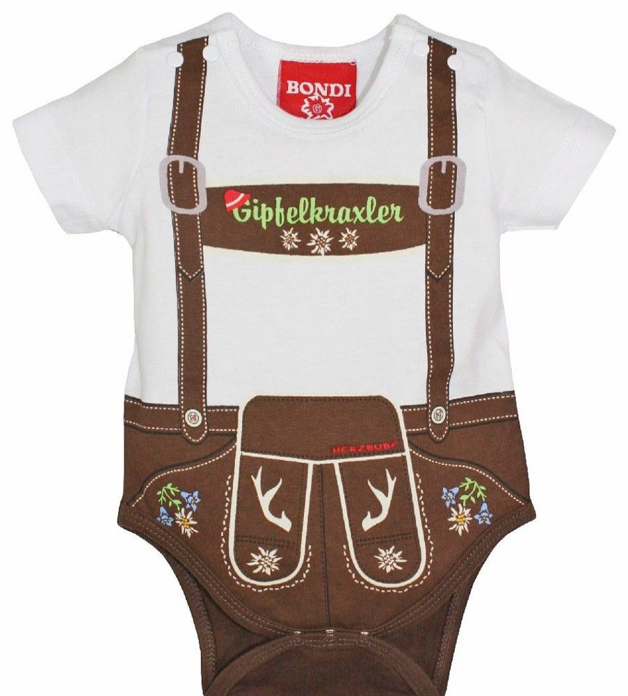 Jungen BONDI Baby Bodys | Bondi Baby Body Lederhose "Gipfelkraxler" 905090 | Weis Braun