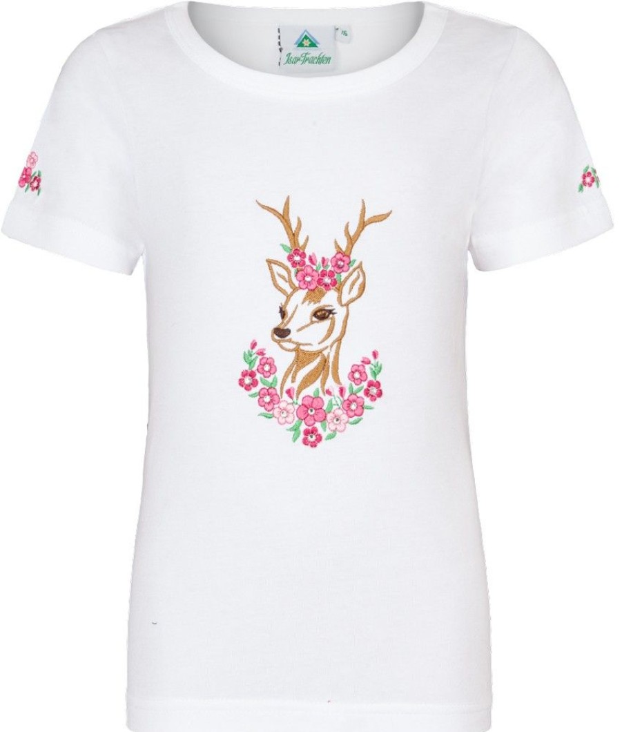 Madchen Isar-Trachten Blusen / Shirts | Isar-Trachten Madchen T-Shirt "Reh" Mit Stickerei 52766 | Weis Pink