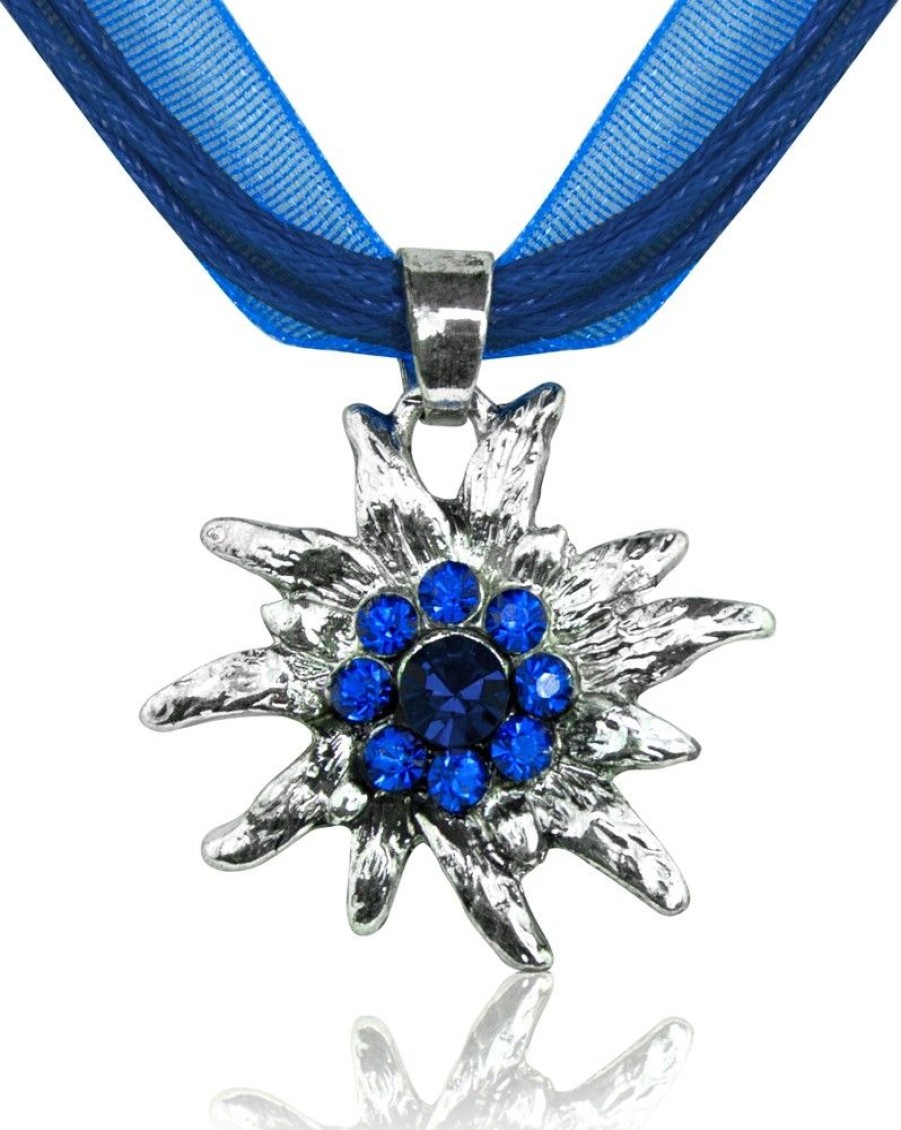 Schmuck Trachtenland | Trachten Halskette "Miri" Mit Edelweis Strass Anhanger | Royalblau