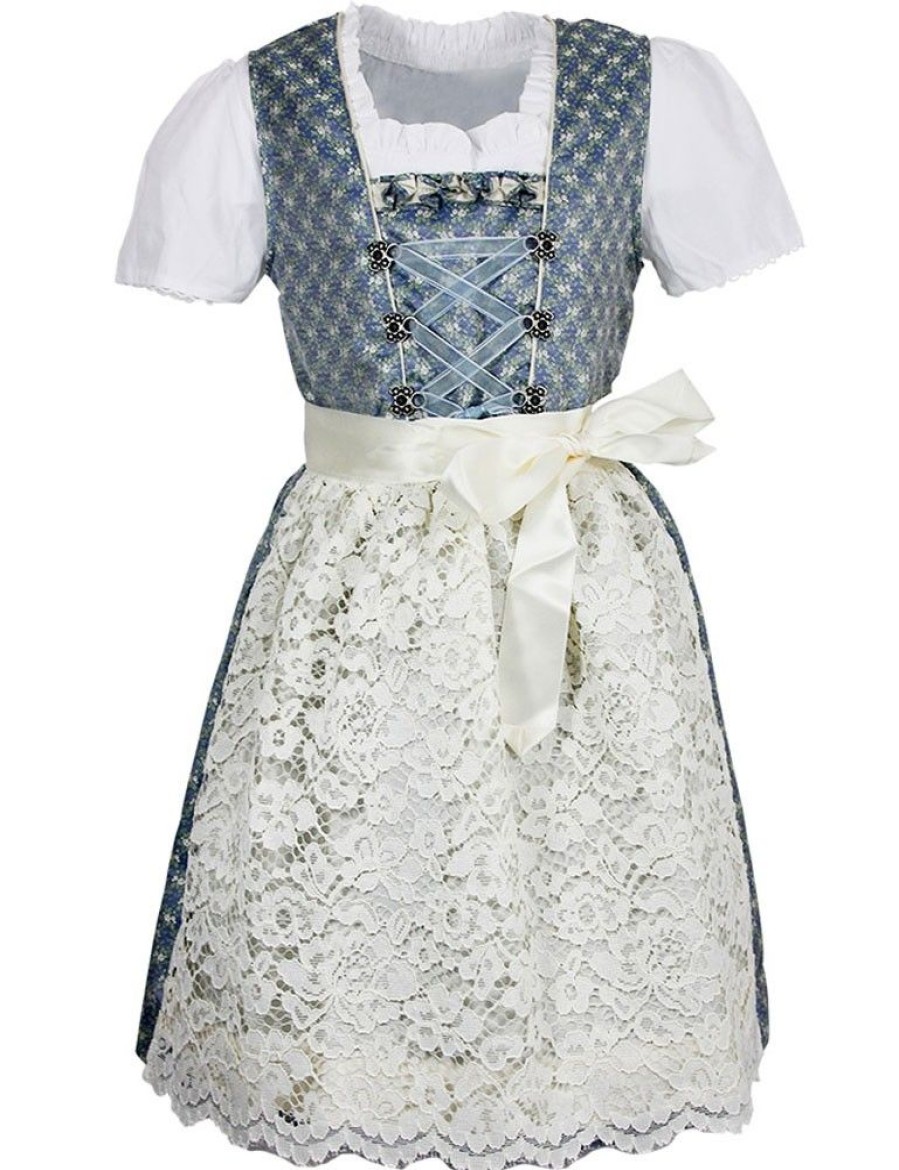 Madchen Isar-Trachten Dirndl | Isar-Trachten Kinder Dirndl "Sarah" 3-Tlg. Mit Bluse Spitzenschurze 63202 | Blau Creme