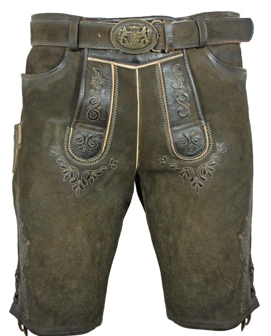 Herren Maddox Lederhosen | Maddox Kurze Lederhose Herbert Mit Gurtel - Antik Reut