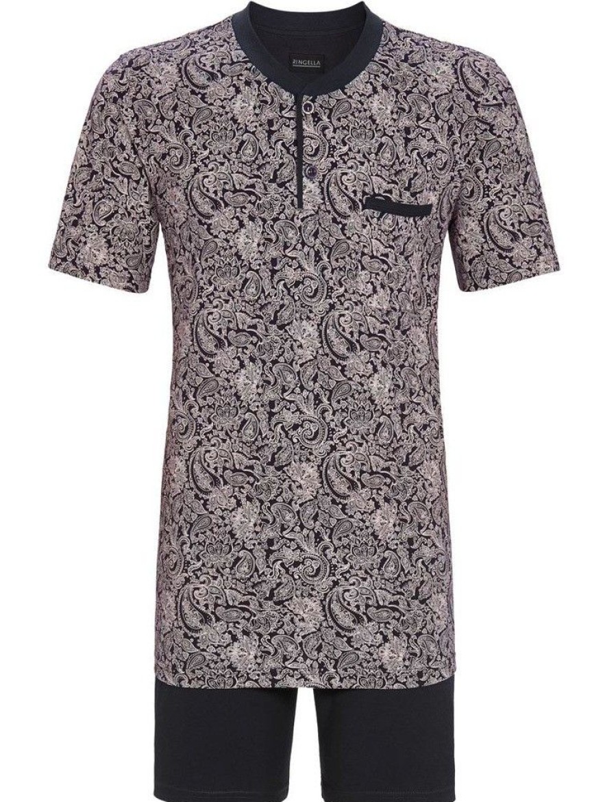 Herren Ringella Nachtwasche | Ringella Herren Shorty "Paisley" 2241319 - Anthrazit / Grau | Sommerschlafanzug