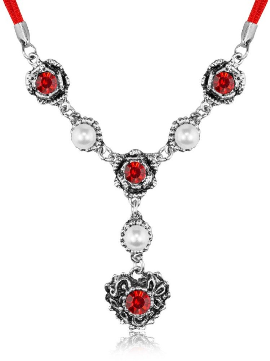 Schmuck Trachtenland | Filigrane Halskette Mit Strass Herzen Und Perlen - Rot