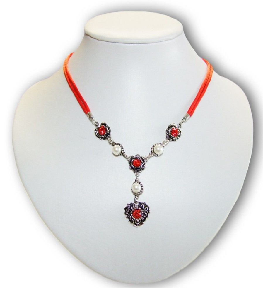 Schmuck Trachtenland | Filigrane Halskette Mit Strass Herzen Und Perlen - Rot