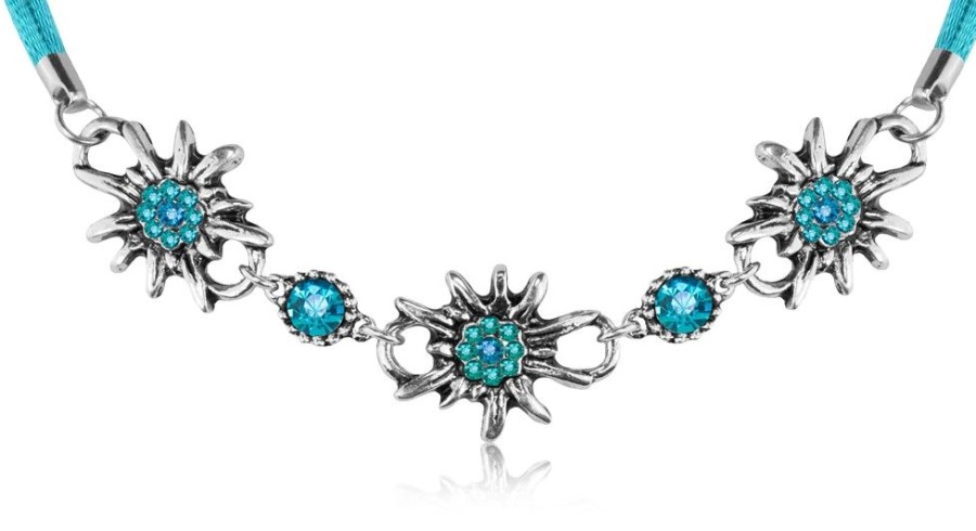 Schmuck Wolkenweis | Trachten Halskette "Selina" Collier Mit Edelweis Und Strass | Turkis