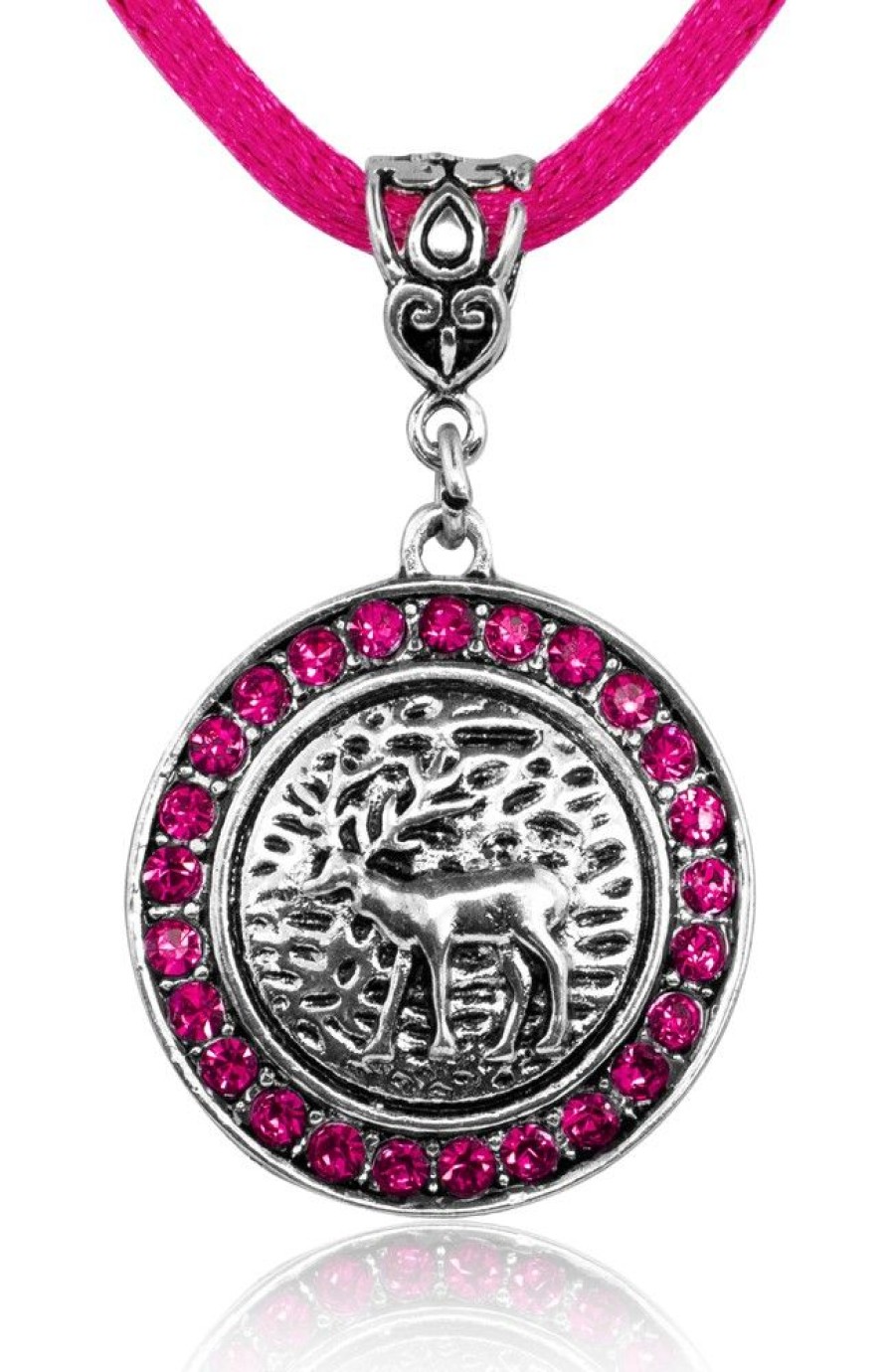 Schmuck Trachtenland | Trachten Halskette Mit Hirsch Strass Medaillon - Pink