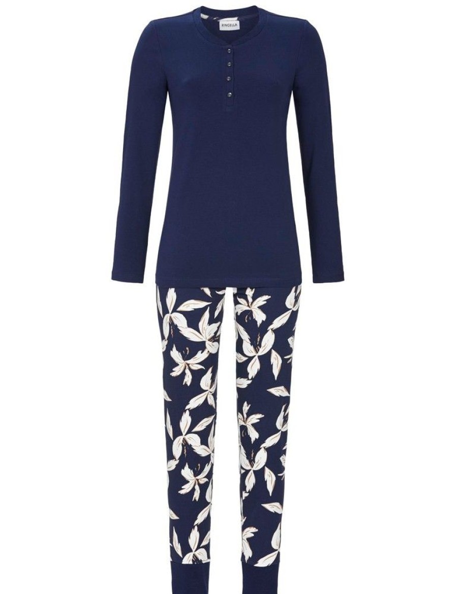 Damen Ringella Nachtwasche | Ringella Damen Langarm Pyjama "Winter Flowers" 2511207 | Marine