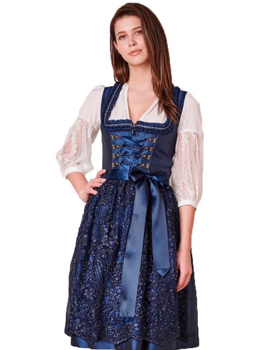 Damen Krüger Dirndl Dirndl | Kruger Dirndl "Beata" Mit Spitzenschurze 414565 | Dunkelblau 60Cm