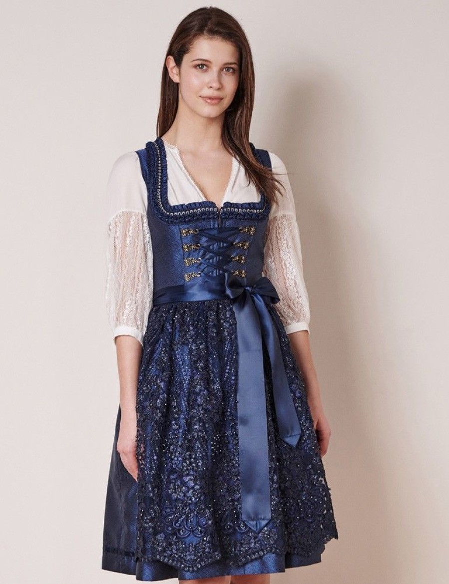 Damen Krüger Dirndl Dirndl | Kruger Dirndl "Beata" Mit Spitzenschurze 414565 | Dunkelblau 60Cm