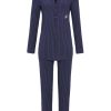 Damen Ringella Nachtwasche | Ringella Klassischer Damen Pyjama Hemdstyle Gestreift 1511216 | Marine Blau