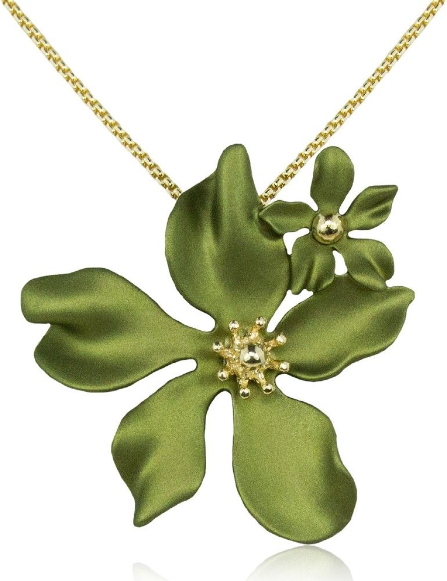 Schmuck LUISIA® Halsketten | Luisia® Halskette Nelia Mit Blumen - 16 Karat Vergoldet Olivgrun