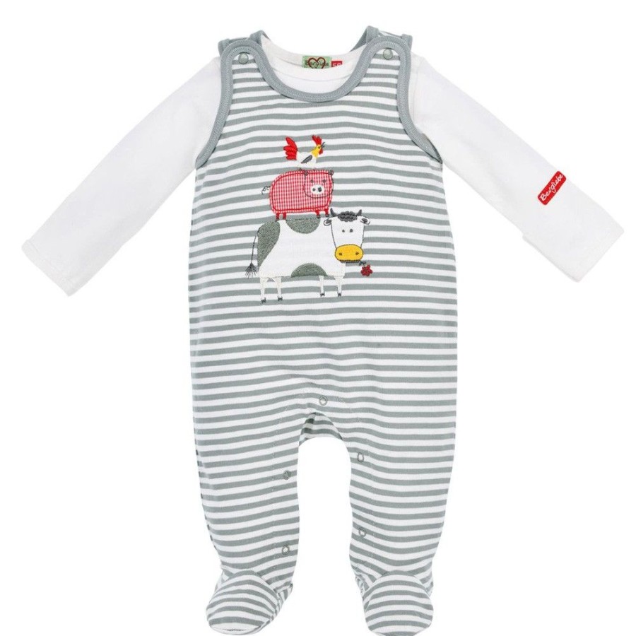 Jungen BONDI Baby Strampler | Bondi Baby Strampelanzug "Bauernhof" 2-Tlg. 93775 | Stripe Salbei/Offwhite