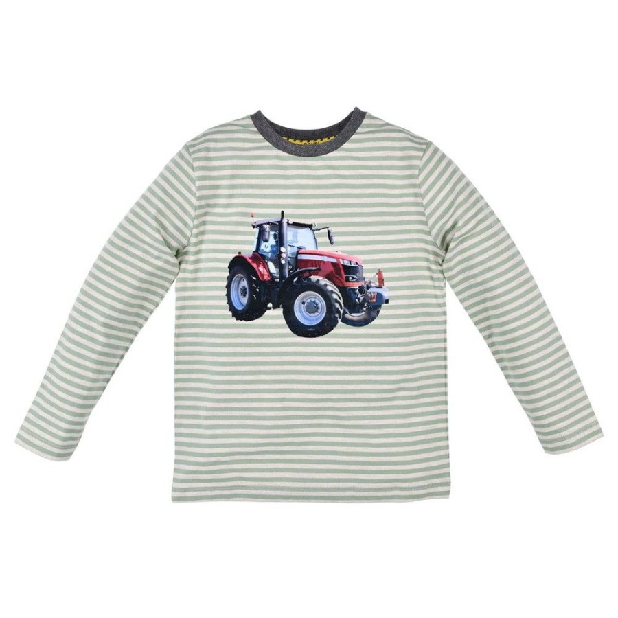 Jungen BONDI Shirts | Bondi Jungen Langarmshirt "Traktor" 33167 | Grun Beige Gestreift