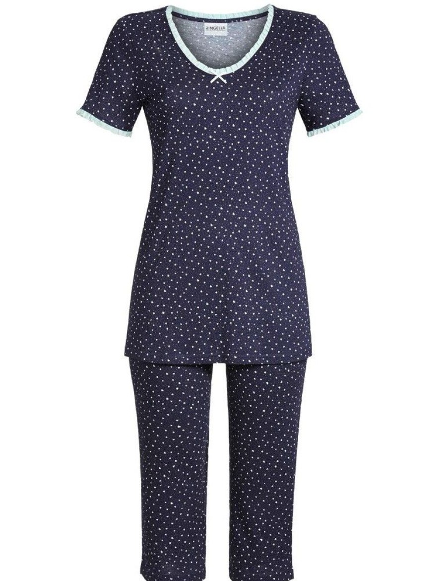 Damen Ringella Nachtwasche | Ringella Damen Pyjama Mit Caprihose "Little Hearts" 2211211 - Navy / Weis