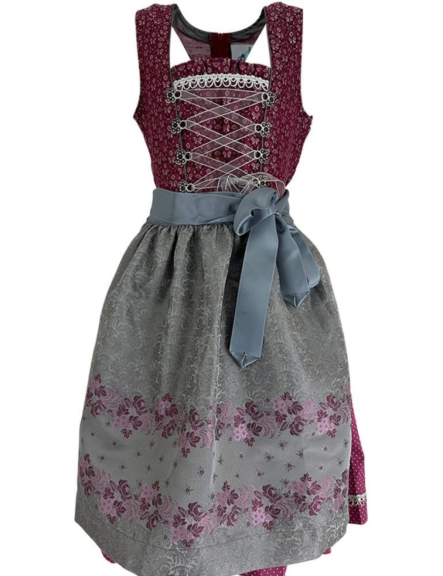 Madchen Isar-Trachten Dirndl | Isar-Trachten Jugend Dirndl "Karina" Florales Muster 44732 | Bordeaux Silbergrau