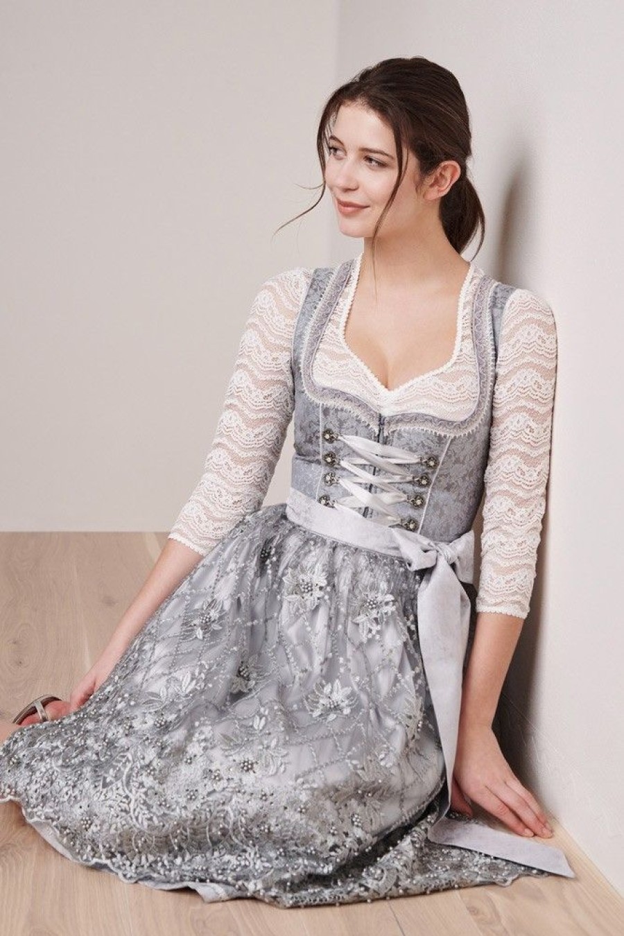 Damen Krüger Dirndl Dirndl | Kruger Dirndl "Joselin" Mit Spitzenschurze 412265 | Grau 60Cm