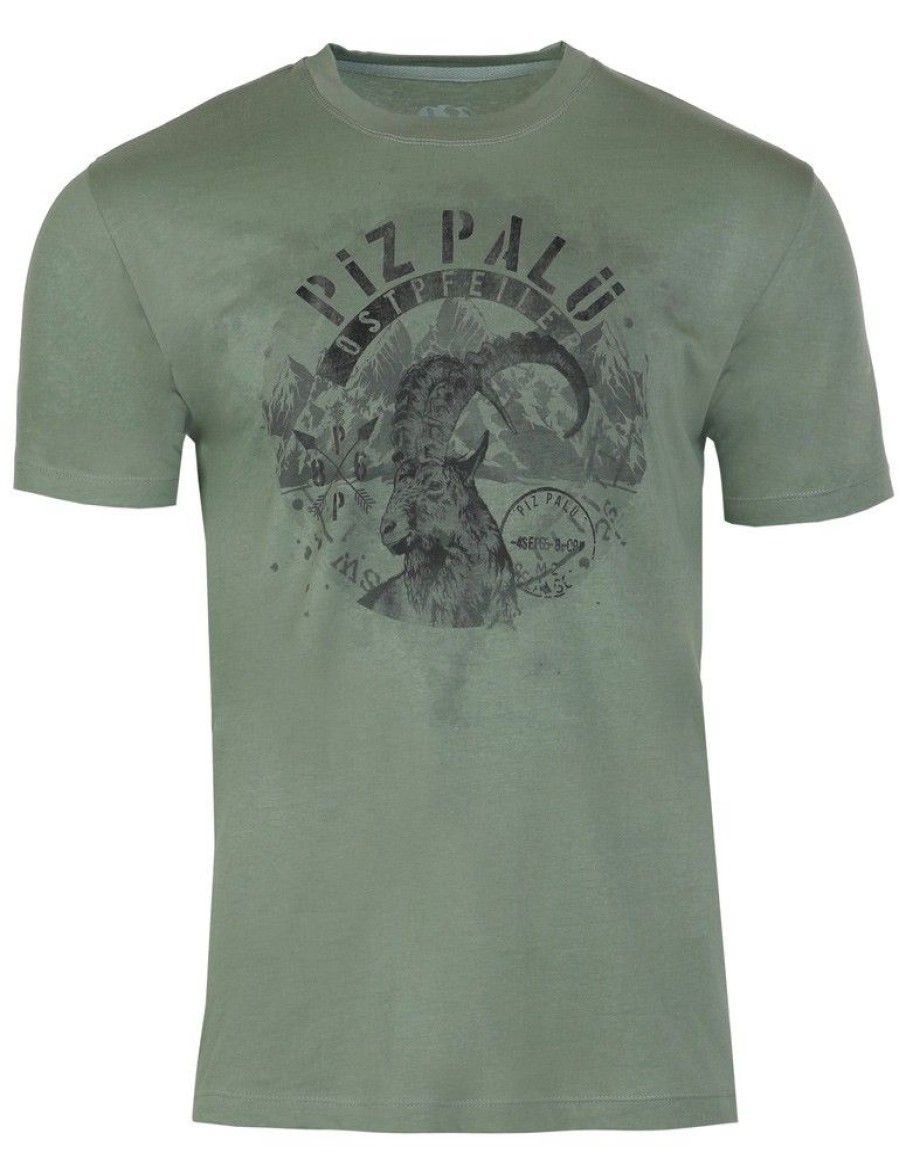 Herren Piz Palü Shirts | Piz Palu Herren Kurzarm Trachtenshirt "Trogen" Mit Hirsch Print | Grasgrun