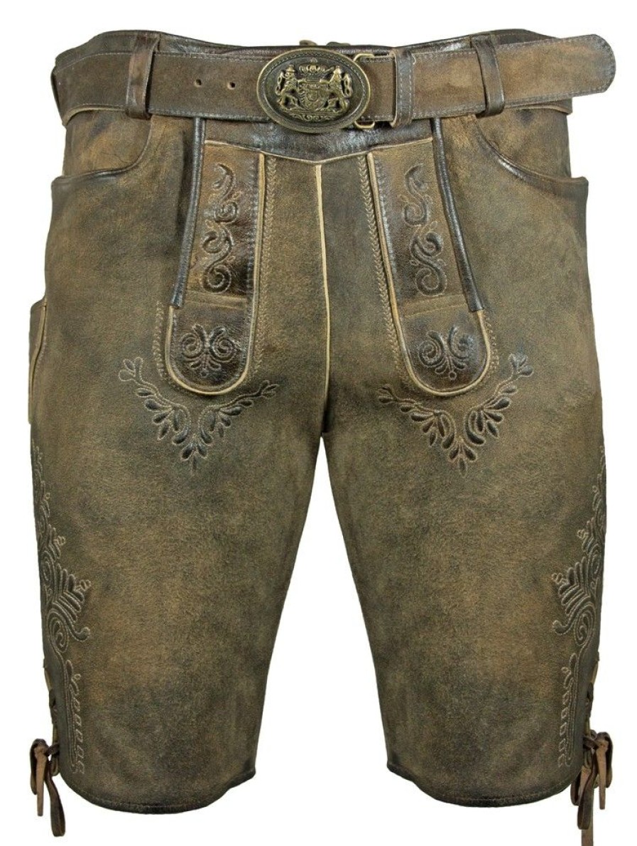 Herren Maddox Lederhosen | Maddox Kurze Lederhose Herbert Mit Gurtel - Antik Erle