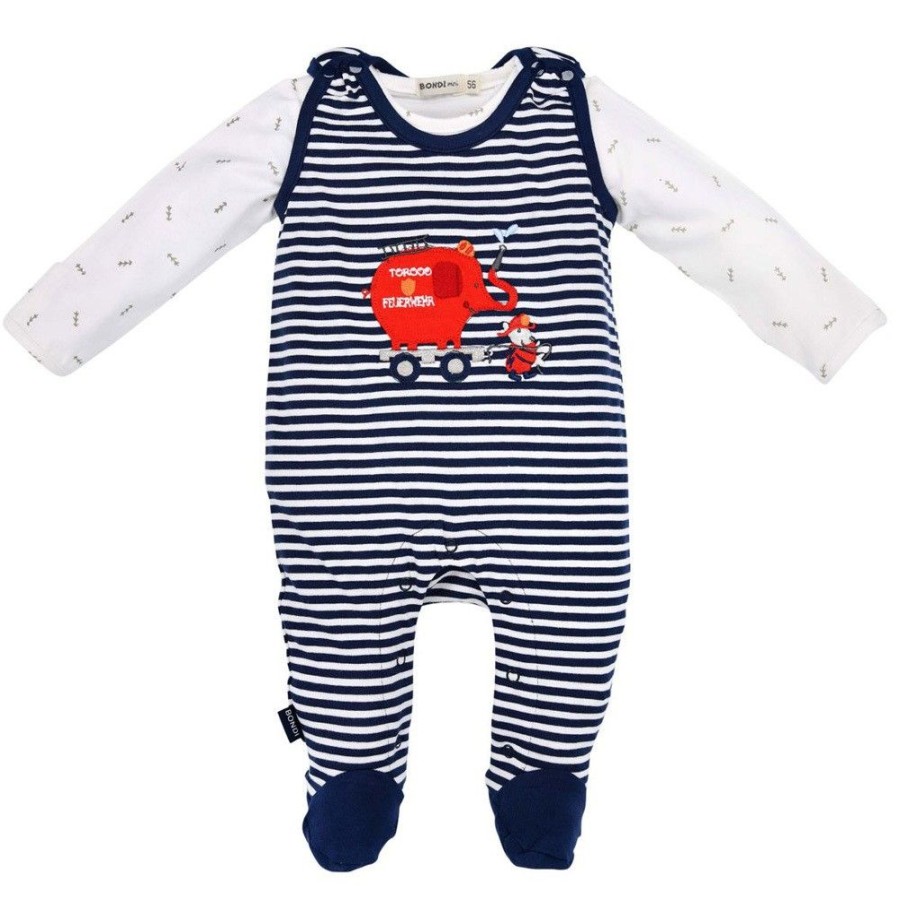 Jungen BONDI Baby Strampler | Bondi Baby Strampler "Feuerwehr" 93684 - Navy / Weis Geringelt | Jungen Babystrampelanzug