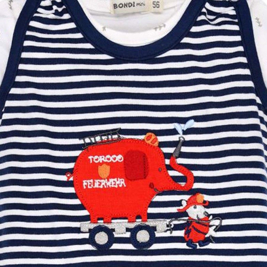 Jungen BONDI Baby Strampler | Bondi Baby Strampler "Feuerwehr" 93684 - Navy / Weis Geringelt | Jungen Babystrampelanzug