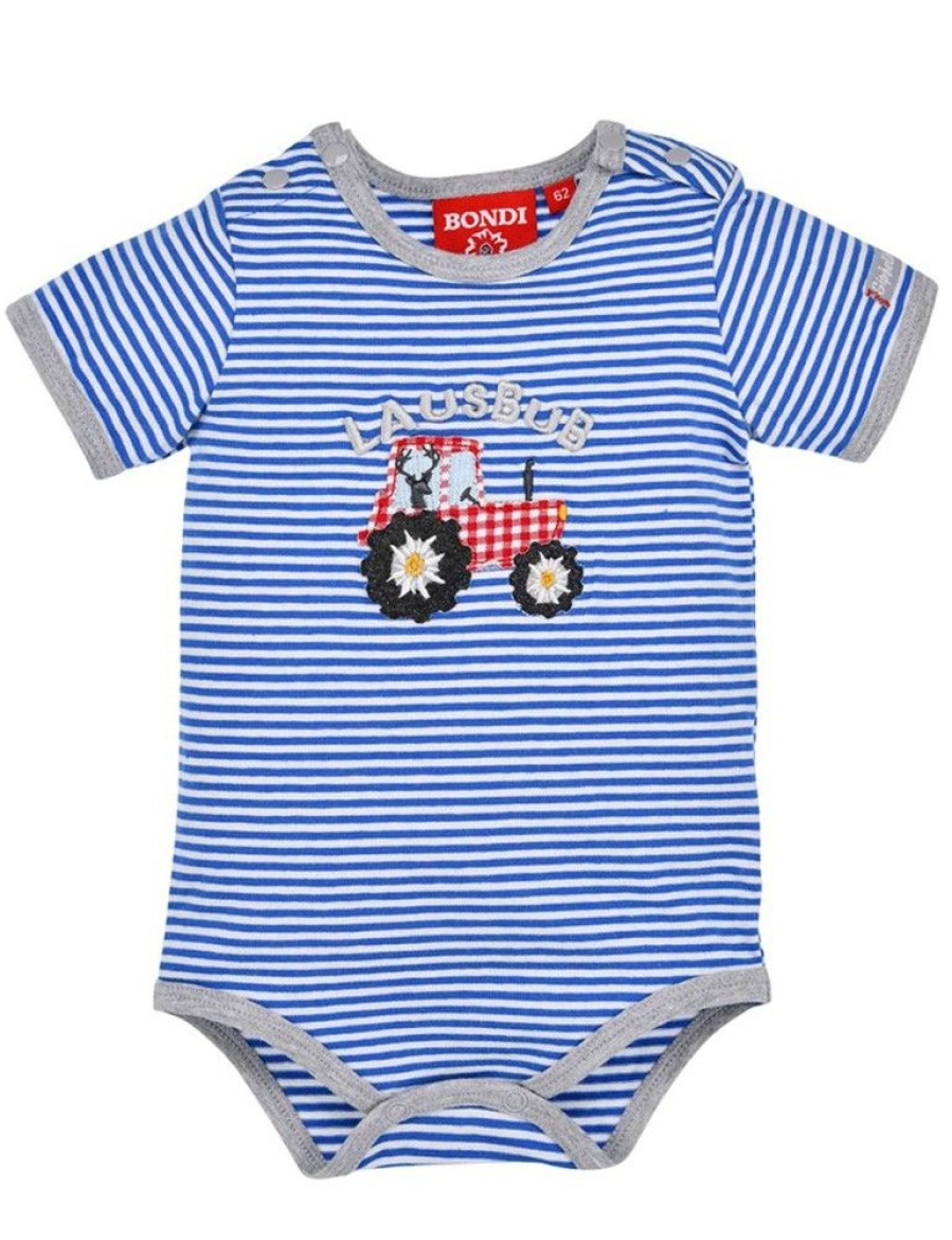 Jungen BONDI Baby Bodys | Bondi Baby Kurzarm Body "Traktor" 91527 | Blau Weis Gestreift