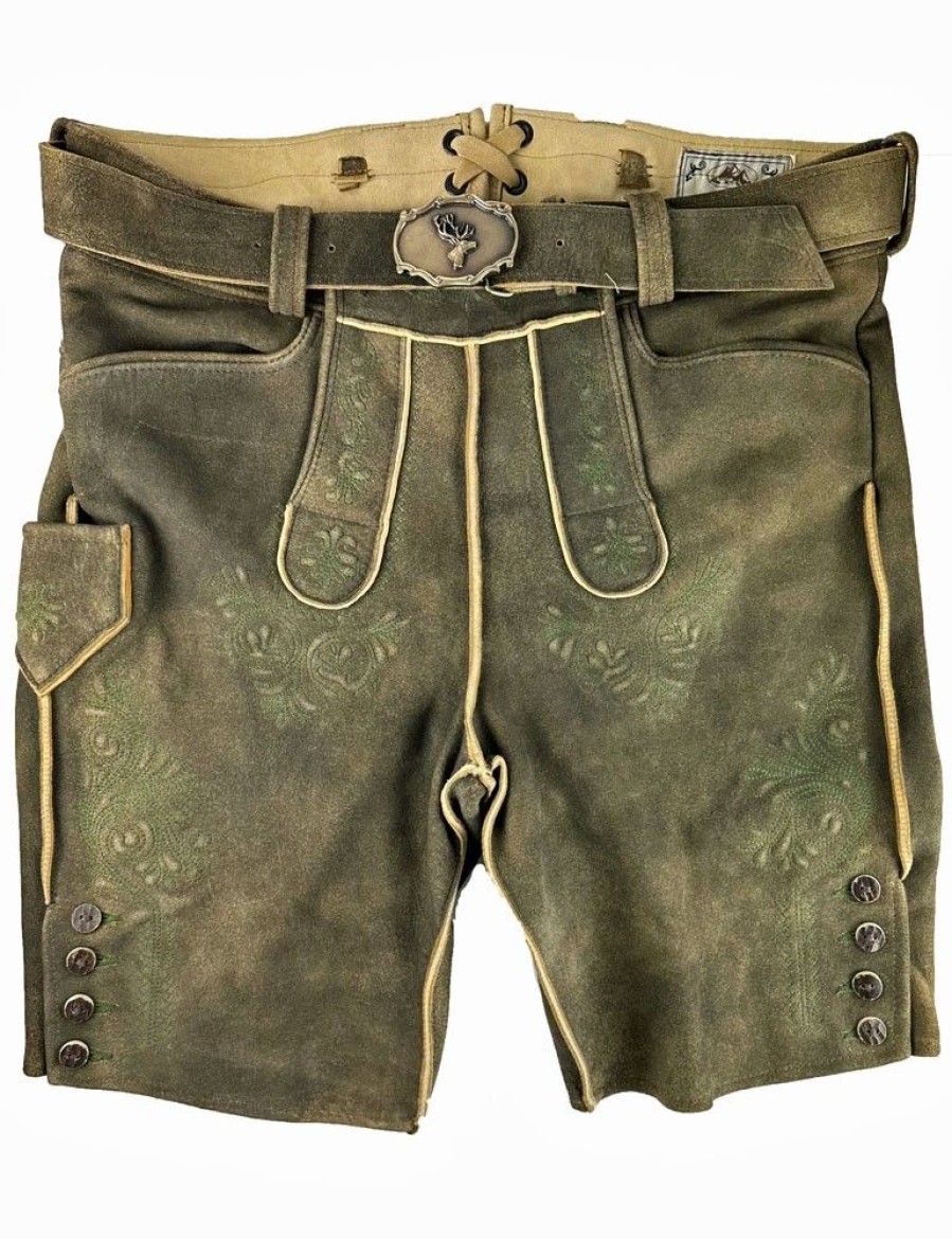 Herren Da´ Buchberger Lederhosen | Buchberger Kurze Lederhose "Karl 1" Mit Gurtel | Ziegenvelours Braun Grun