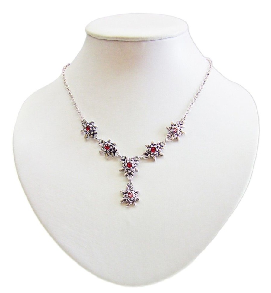 Schmuck Trachtenland | Luisia® Edelweis Collier Emilia Mit Kristallen Von Swarovski® - Siam / Dunkelrot