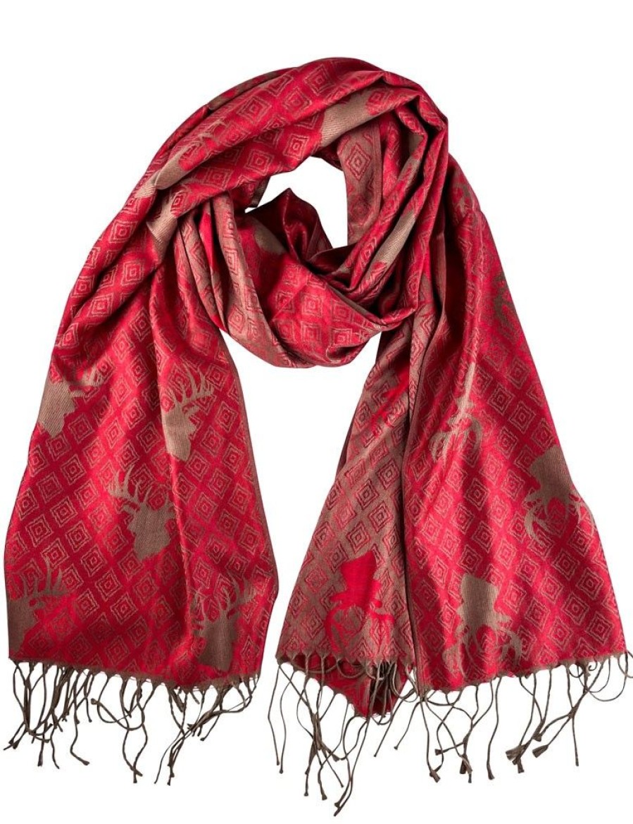 Damen Trachtenland Trachtentucher | Halstuch Schal Mit Hirschkopf Motiv 185 X 70 Cm | Rot / Gold