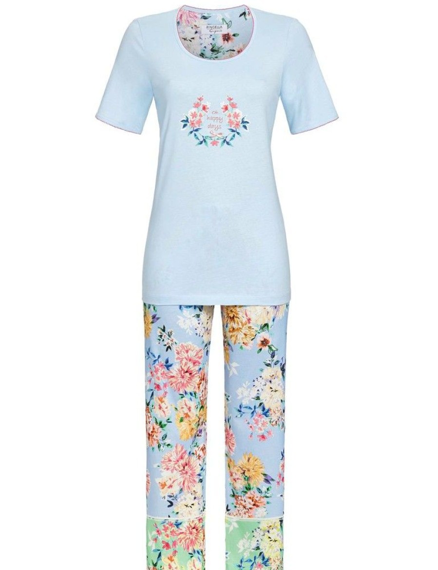 Damen Ringella Nachtwasche | Ringella Damen Pyjama Mit 7/8 Hose "Dahlia" 2261213 - Hellblau | Schlafanzug