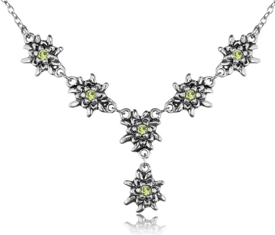 Schmuck Trachtenland | Luisia® Edelweis Collier Emilia Mit Kristallen Von Swarovski® - Peridot / Apfelgrun