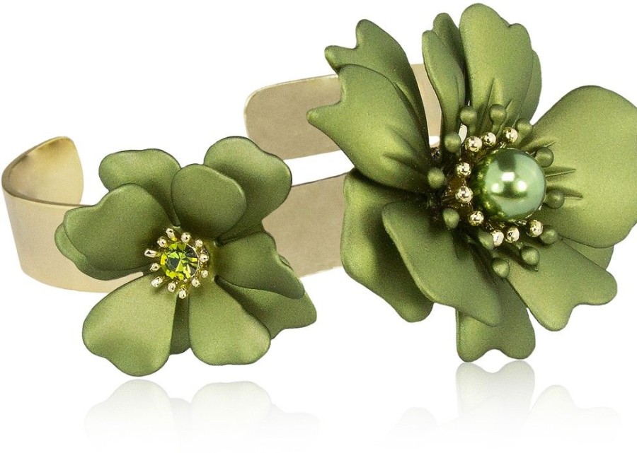 Schmuck LUISIA® | Luisia® Armreif Armspange Nelia Mit Blumen - 16 Karat Vergoldet Olivgrun