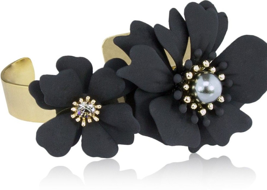 Schmuck LUISIA® | Luisia® Armreif Armspange Nelia Mit Blumen - 16 Karat Vergoldet Schwarz